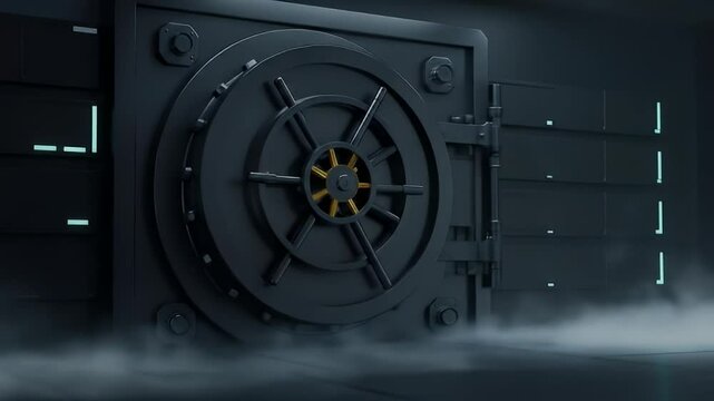 Side angle of an illuminated vault packed with Bitcoins. 4K footage