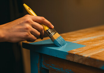 Close-up of a hand painting vintage wooden furniture with light blue brush-on paint