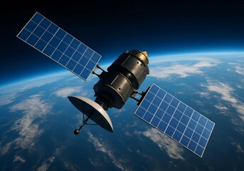 artificial satellite orbiting earth with solar panels for power generation in outer space
