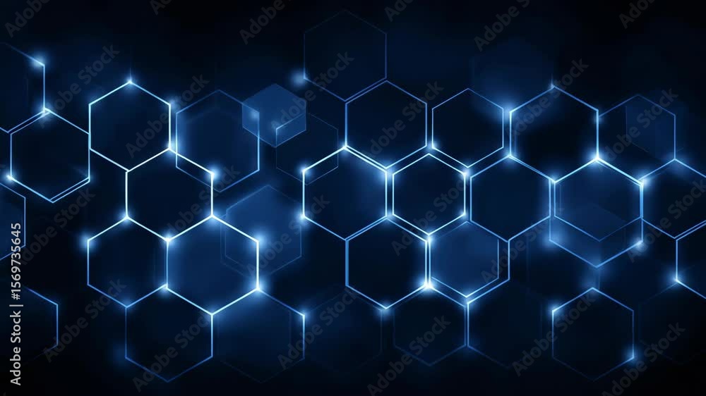 Poster hexagonal network: interconnected blue geometric shapes. modern design for science, technology, and 