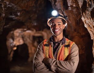 a smiling, mixed-race male miner standing in a cave with a golden mine