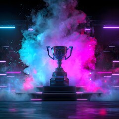 A futuristic esports trophy standing on a podium, lit by vibrant neon lights in a cyberpunk-inspired arena environment.