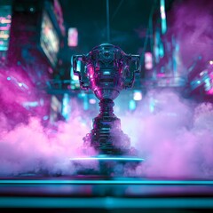 A futuristic esports trophy standing on a podium, lit by vibrant neon lights in a cyberpunk-inspired arena environment.