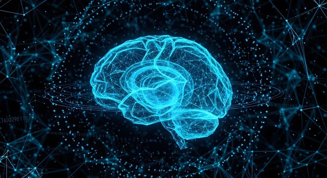 A digital brain within a plexus network. Concept of neural networks, artificial intelligence, connectivity, and big data analysis.