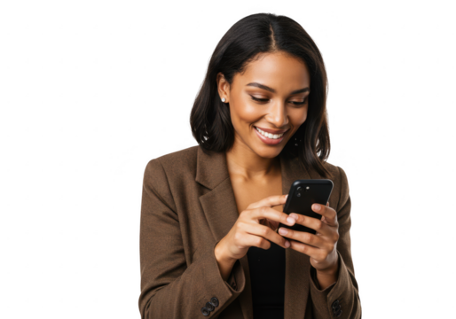 Young woman in a brown blazer smiling while looking at her smartphone isolated on transparent background