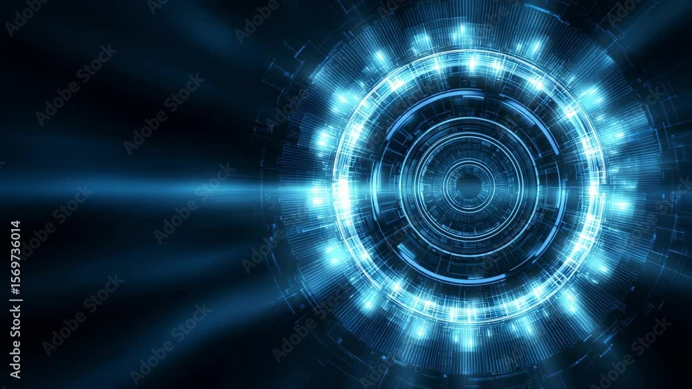 Poster futuristic portal: a mesmerizing depiction of a glowing blue vortex, blending digital circuitry and 