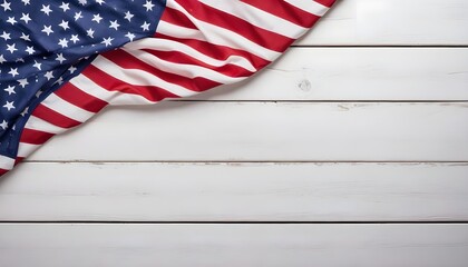 Obraz premium Waving American flag border on rustic white wood background | Copy space backdrop for patriotic United States holidays | Memorial Day or Fourth of July holiday desktop background