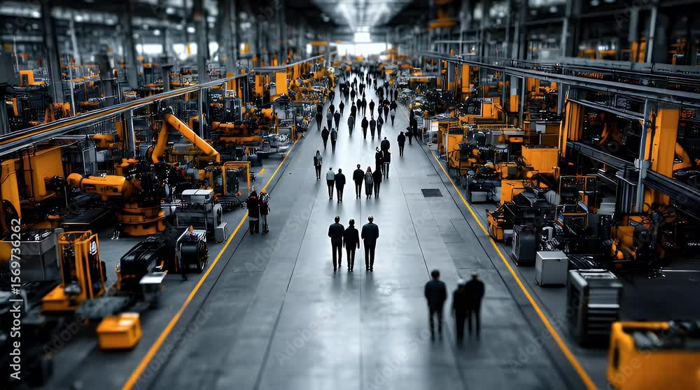 Poster dynamic factory floor: workers navigate automated production line in modern industrial setting
