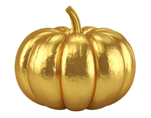 3d rendered golden pumpkin sculpture with metallic shiny surface on isolated background
