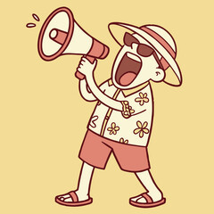 Funny, crazy man in summer clothes, sunglasses, sun hat and beach ring standing isolated on yellow background, making holiday sale announcement and shouting loudly in megaphone voice volume amplifier