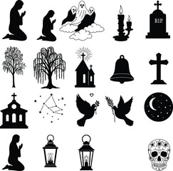 Spiritual & Memorial Icons: Diverse Set Featuring Praying Figures, Ghosts, Gravestones, Churches, Trees, Doves, and Celestial Elements for Religious and Commemorative Designs.