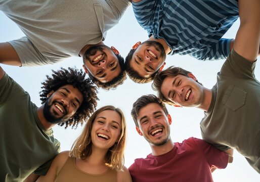 Diverse group of friends laughing together in a circle, looking down at the camera