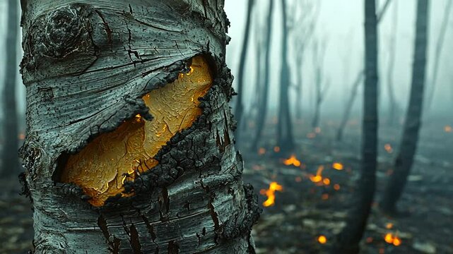 Charred birch tree bark reveals glowing inner layers amidst a smoky forest fire aftermath