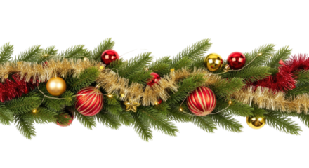 Festive Christmas garland decorated with red and gold ornaments and tinsel isolated on transparent background, cutout png