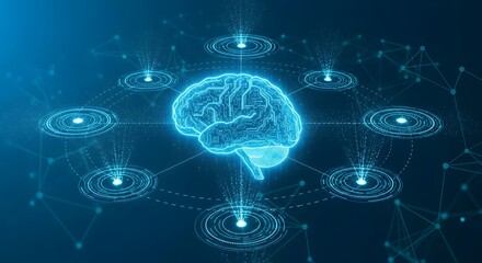 A glowing brain at the hub of a digital network. Concept for artificial intelligence, global communication, machine learning, and centralized data processing.