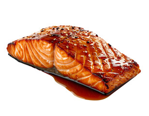 grilled salmon steak with soy glaze and sesame seeds dripping on isolated background for asian cuisine advertising, japanese food packaging, high protein diet design and healthy meal content
