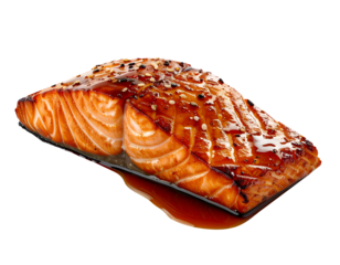 grilled salmon steak with soy glaze and sesame seeds dripping on isolated background for asian cuisine advertising, japanese food packaging, high protein diet design and healthy meal content
