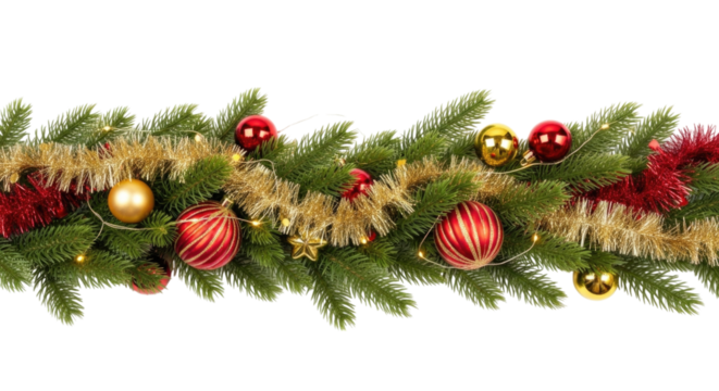 Festive Christmas garland decorated with red and gold ornaments and tinsel isolated on transparent background, cutout png
