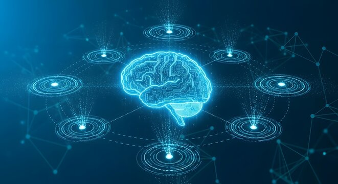 A glowing brain at the hub of a digital network. Concept for artificial intelligence, global communication, machine learning, and centralized data processing.