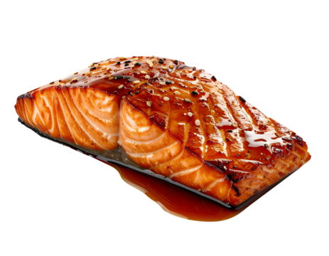 grilled salmon steak with soy glaze and sesame seeds dripping on isolated background for asian cuisine advertising, japanese food packaging, high protein diet design and healthy meal content
