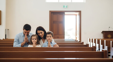 A family praying peacefully in a church.