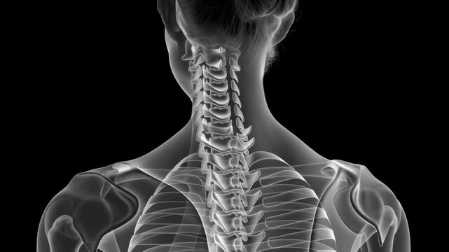 Bone strength and anatomy of neck, spine, shoulder, and upper back showing detailed medical view of cervical spine supporting structure