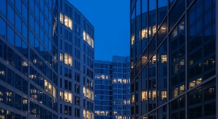 Fototapeta premium Modern Architecture: Glass Buildings Reflecting City Lights at Dusk