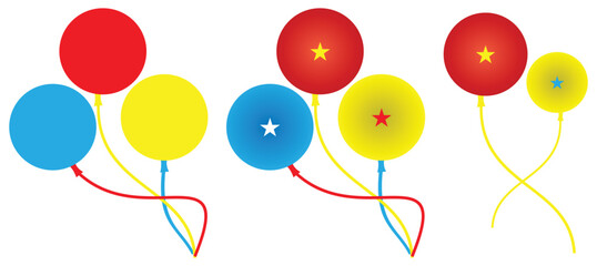 Colorful Balloons with Stars and Twisted Strings on White Background.