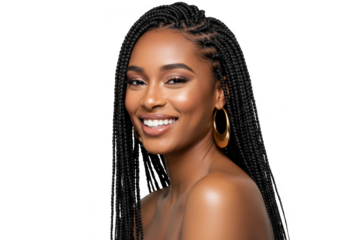 Beautiful black woman with box braids and gold earrings smiling isolated on transparent background