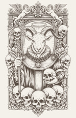 Intricate vintage engraving of goat-headed figure in medieval robe, holding skull, surrounded by angels, skulls, baroque frame. victorian style