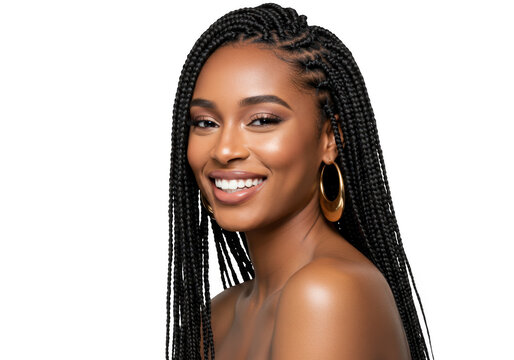 Beautiful black woman with box braids and gold earrings smiling isolated on transparent background