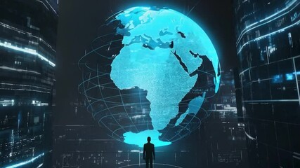 Digital Earth: A futuristic cityscape frames a glowing digital globe, representing the interconnectedness of the modern world and technological progress. - Powered by Adobe