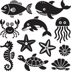 Sea Creatures Doodle Vector Set in Childlike Hand Drawn Style