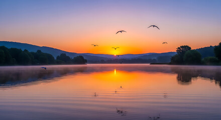 Obraz premium A serene sunrise paints the sky over the tranquil lake.