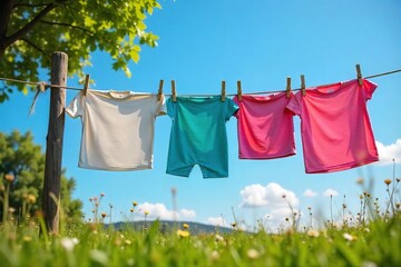 Colorful Clothes Drying on Rustic Wooden Clothesline, Sunny Summer Day, Idyllic Nostalgia Scene
