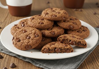 Delicious chocolate chip cookies piled high on a white plate with a mug in the background