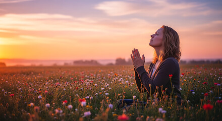 A woman in a peaceful moment amidst a field of wildflowers during sunset. © EdiArtX