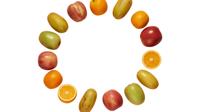 A vibrant circle of apples, oranges, and mangoes isolated on transparent background