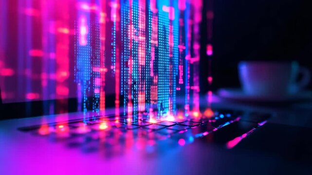 Cybernetic Data Stream: Neon Glitch Effect on Laptop Keyboard