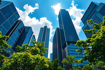 Modern blue glass skyscrapers rise majestically towards a bright sunny sky with clouds