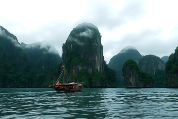 Traditional wooden boat sails through misty limestone karsts in halong bay vietnam