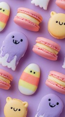 Fototapeta premium Cute Halloween Macaron Flat Lay with Candy Corn, Ghosts & Bats