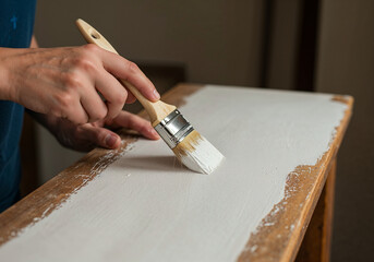 Close-up of a person painting a wooden board with white paint using a flat brush