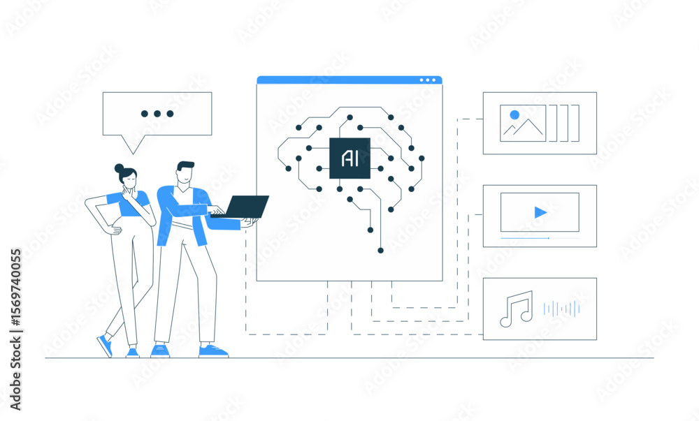 Poster man and woman interact with artificial intelligence brain-chip interface generating images, video, a