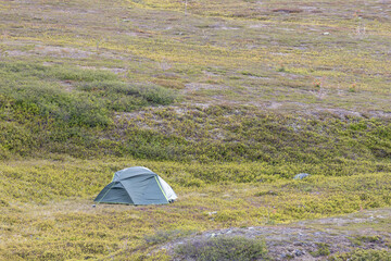 Tent for overnight camping above treeline in Scandinavian mountains background in summertime. No...