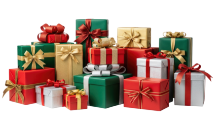 Multiple beautifully wrapped presents in red, green, and gold with decorative bows isolated on transparent background, cutout png