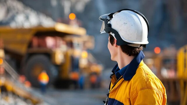 Worker smiles in mining quarry with work safety helmet on. Big yellow machine in the background.