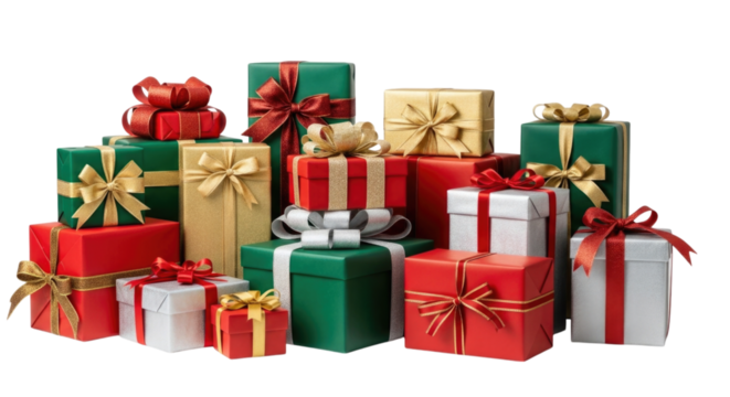 Multiple beautifully wrapped presents in red, green, and gold with decorative bows isolated on transparent background, cutout png