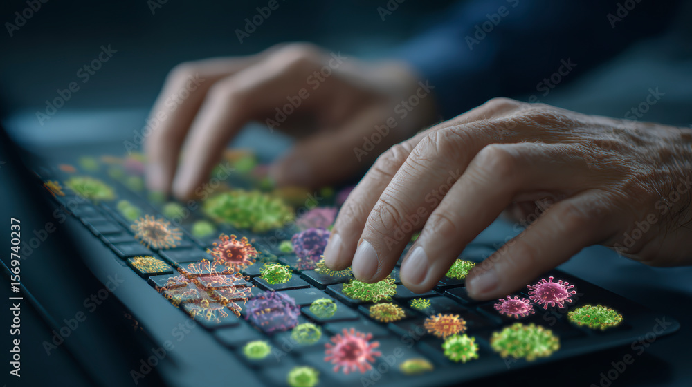 Poster person using a keyboard dotted with colorful virus models, illustrating cybersecurity or spread of d