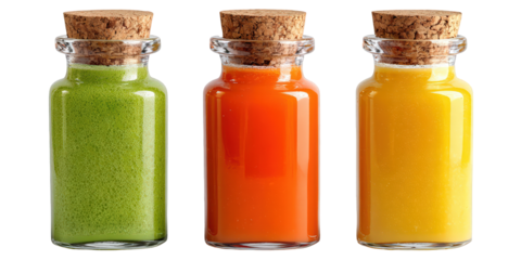 Three colorful spice bottles with corks isolated on transparent background
